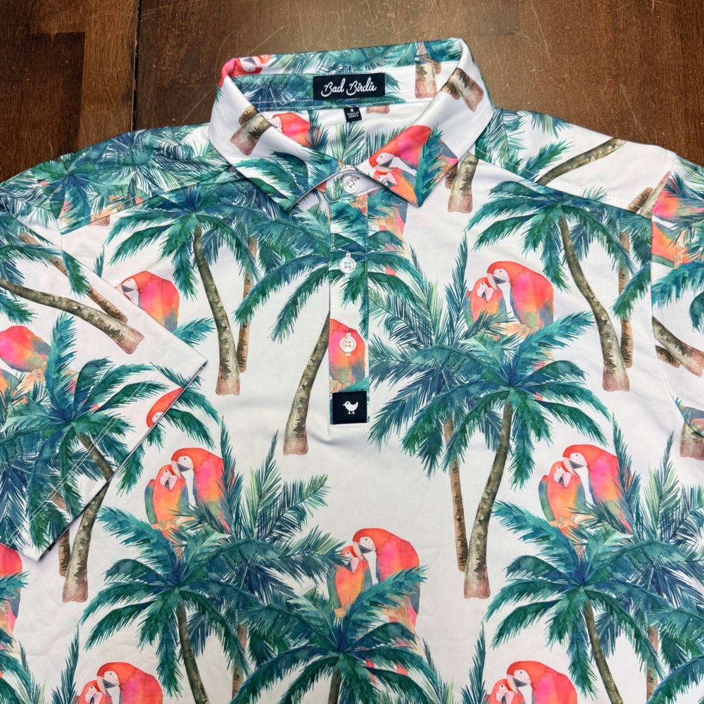Bad Birdie Polo Shirt Mens Small Parrot Palm Tree Tropical Golf Short Sleeve
